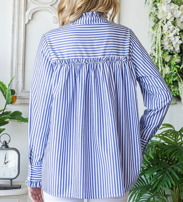 Ruffled Button up Blue Striped Top