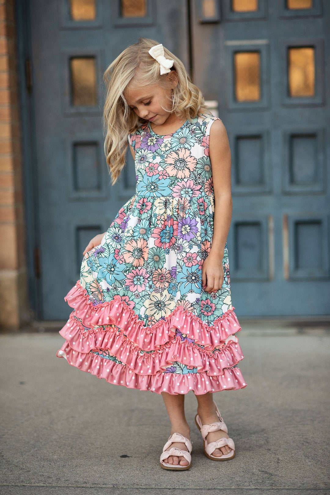 Liza Lou's Pink Colorful Dot Floral Dress with Ruffles Girls Jumper Maxi Dress