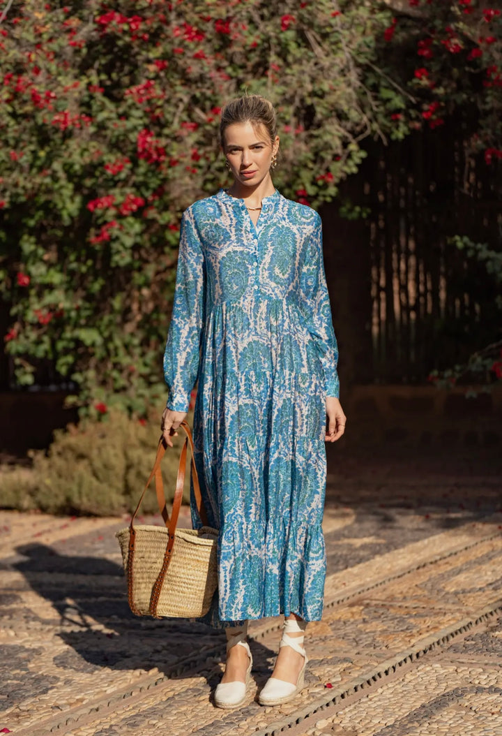 Liza Lou's Blue Green Design Print Marbella Silk Modest Dress