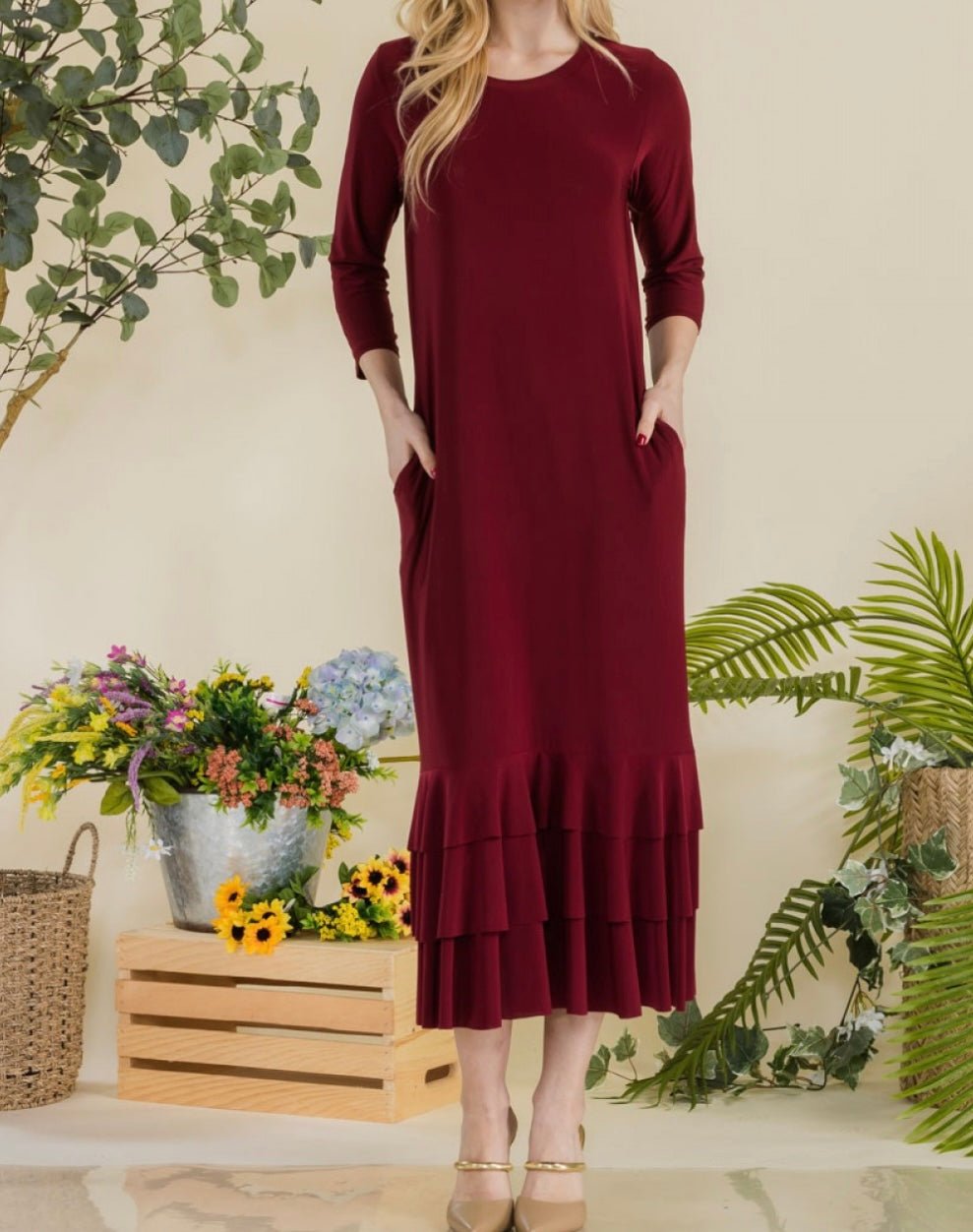 Liza Lou's Burgundy Long Layering Dress with Bottom Ruffles 2x Liza Lou's Burgundy Long Layering Dress with Bottom Ruffles 2x