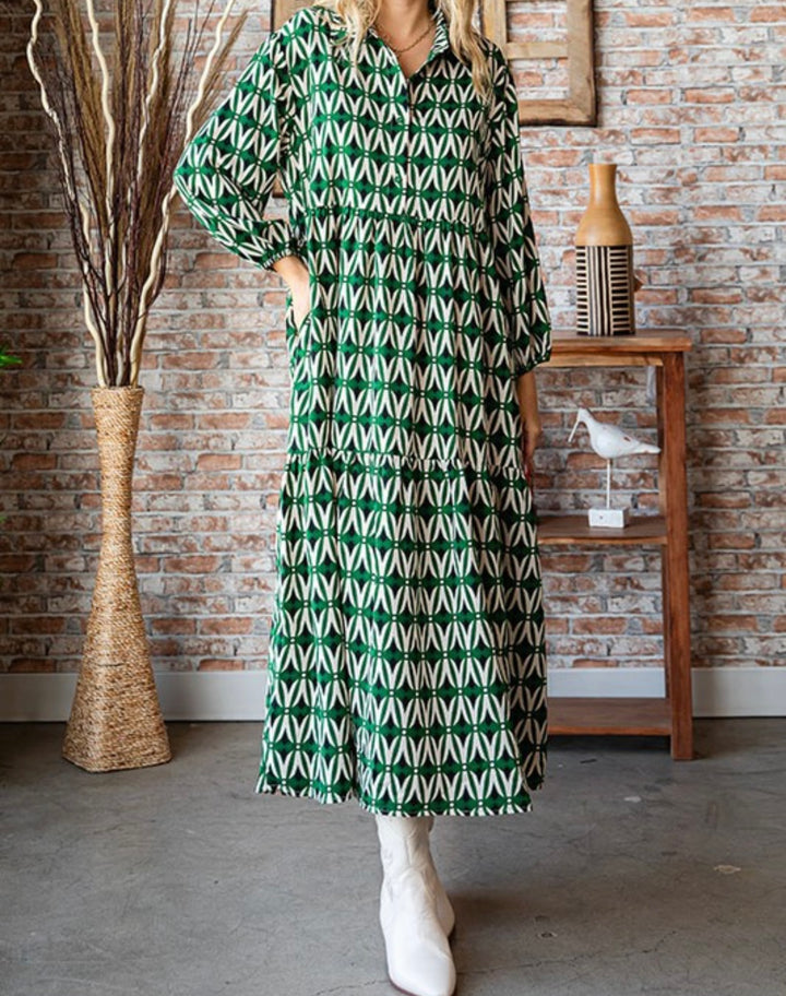 Liza Lou's Geometric Green Long Tiered Modest Dress