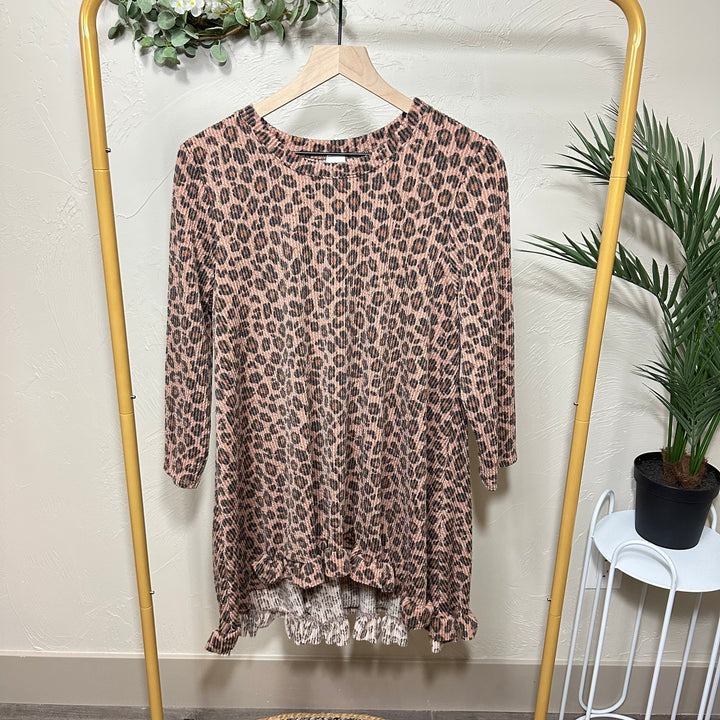 Liza Lou’s Ribbed Texture Animal Print Modest Tunic Top with Ruffle