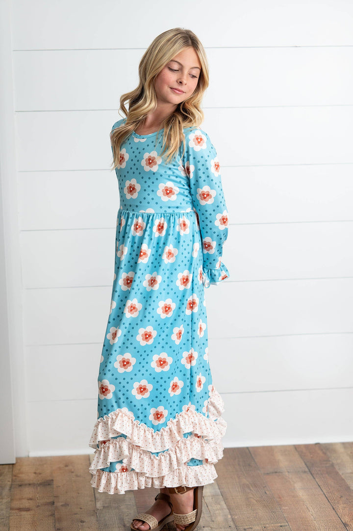 Liza Lou’s Darling Long Modest Girls Ruffled Dress Turquoise Floral