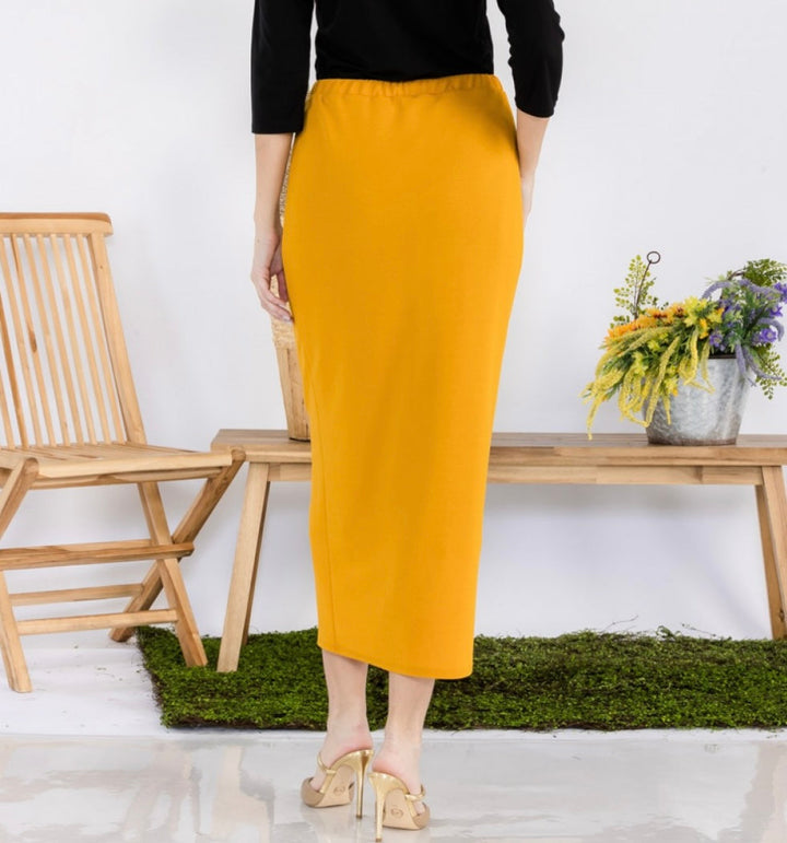 Long Liverpool Skirt in Mustard, full-length side view