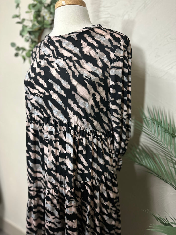 Liza Lou's Black Animal Print Asymmetric Tiered Dress