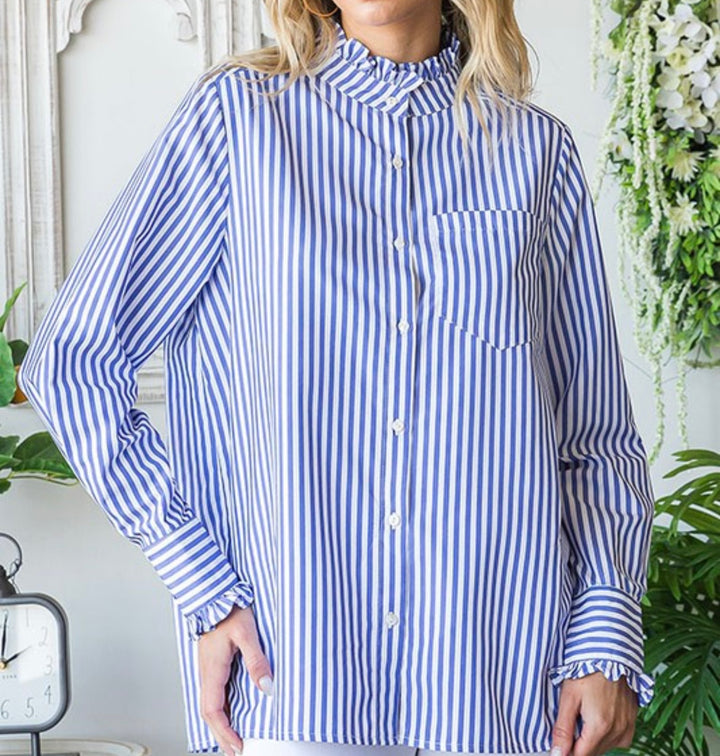 Ruffled Button up Blue Striped Top