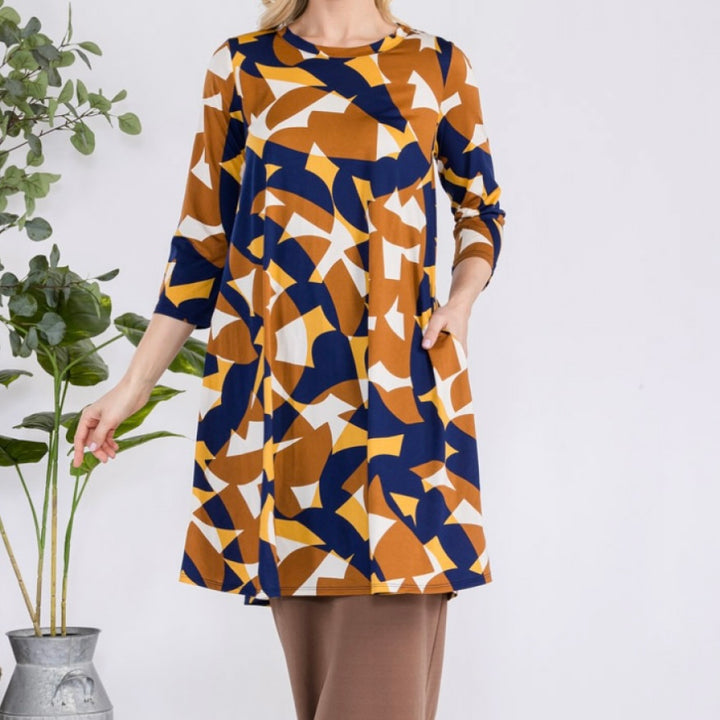 Liza Lou’s Brown & Navy Geometric Print Tunic Top