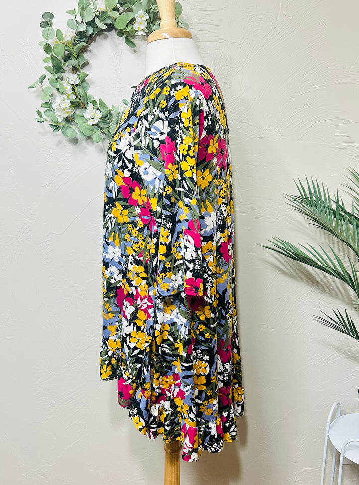 Liza Lou’s Black Background with Floral Hi Low Tunic Top with Ruffle
