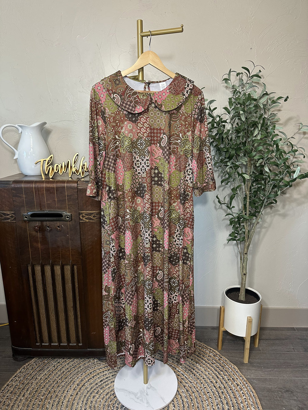 Adrianna Patchwork Dress on hanger, long patchwork church dress, full-length front view