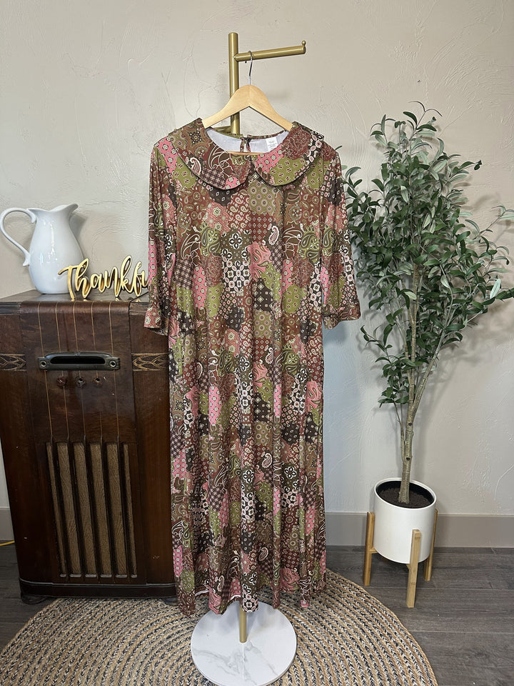 Adrianna Patchwork Dress on hanger, long patchwork church dress, full-length front view