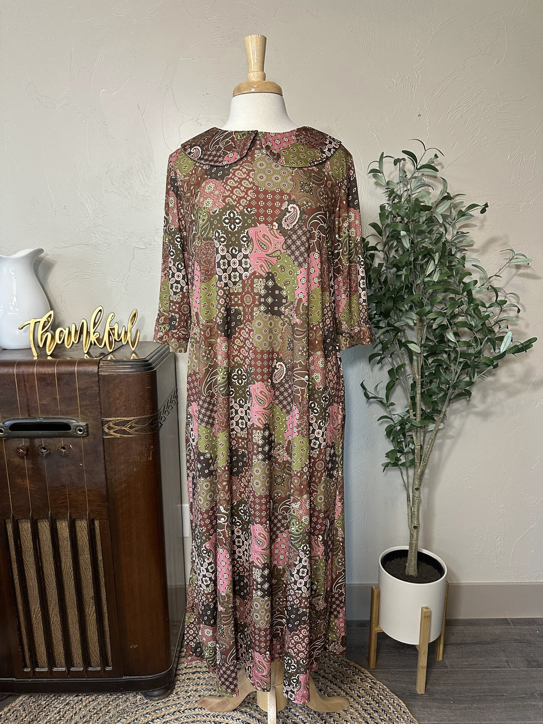 Adrianna Patchwork Dress in brown and pink, Peter Pan collar, long modest dress, front view