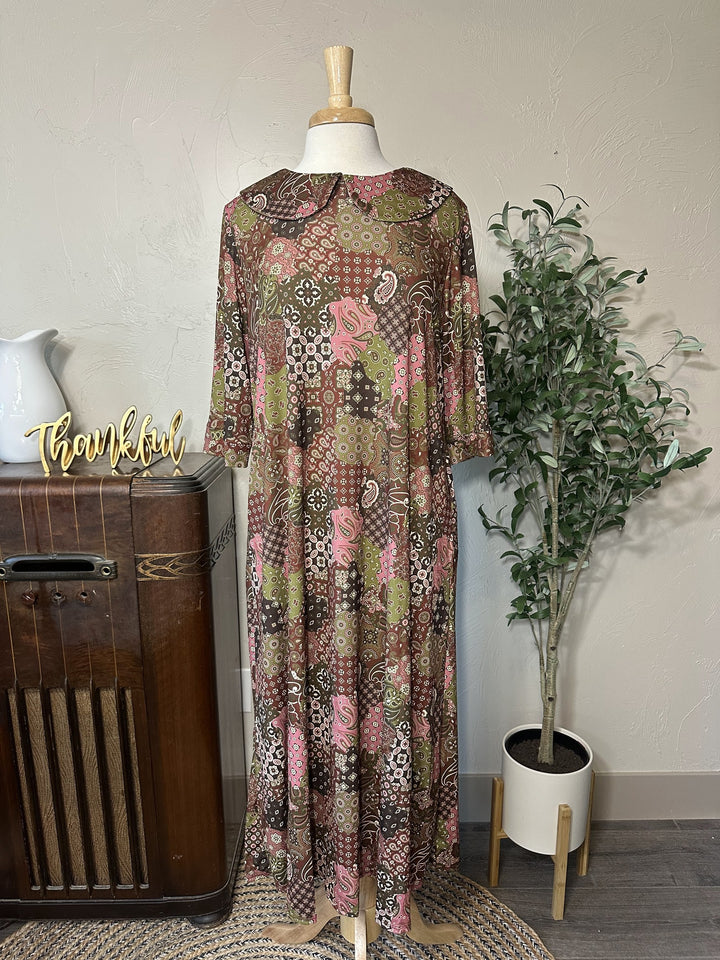 Adrianna Patchwork Dress in brown and pink, Peter Pan collar, long modest dress, front view