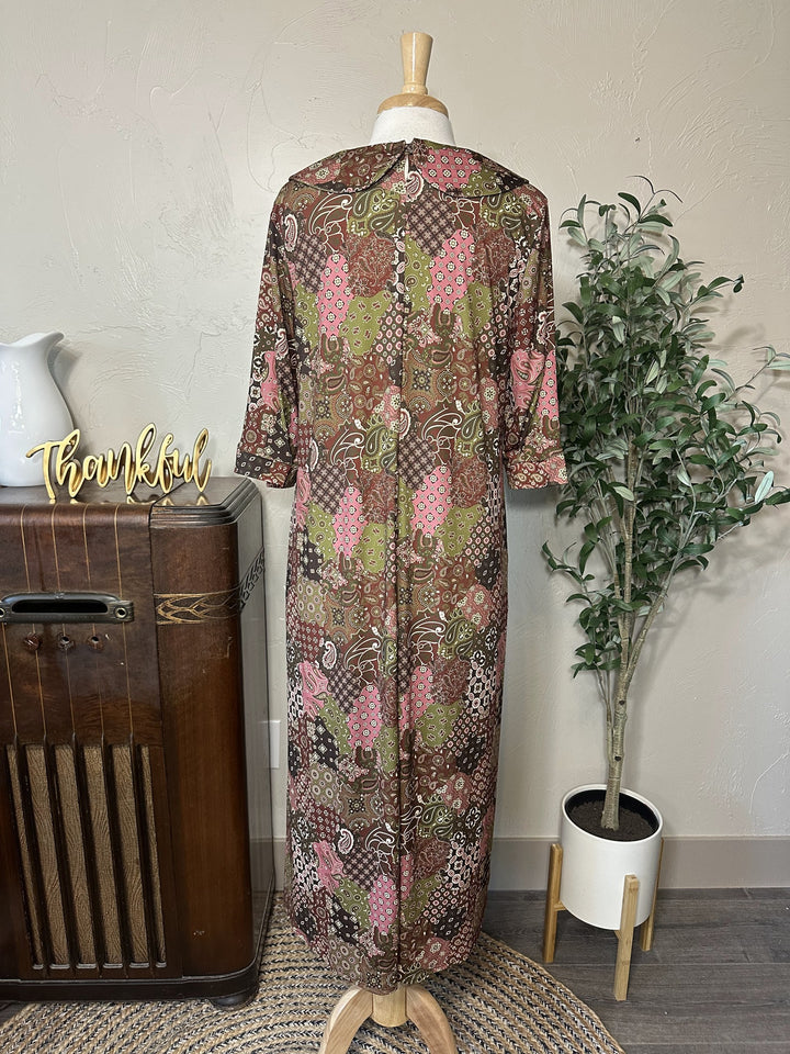 Adrianna Patchwork Dress, Peter Pan collar and patchwork print, long modest dress, back view