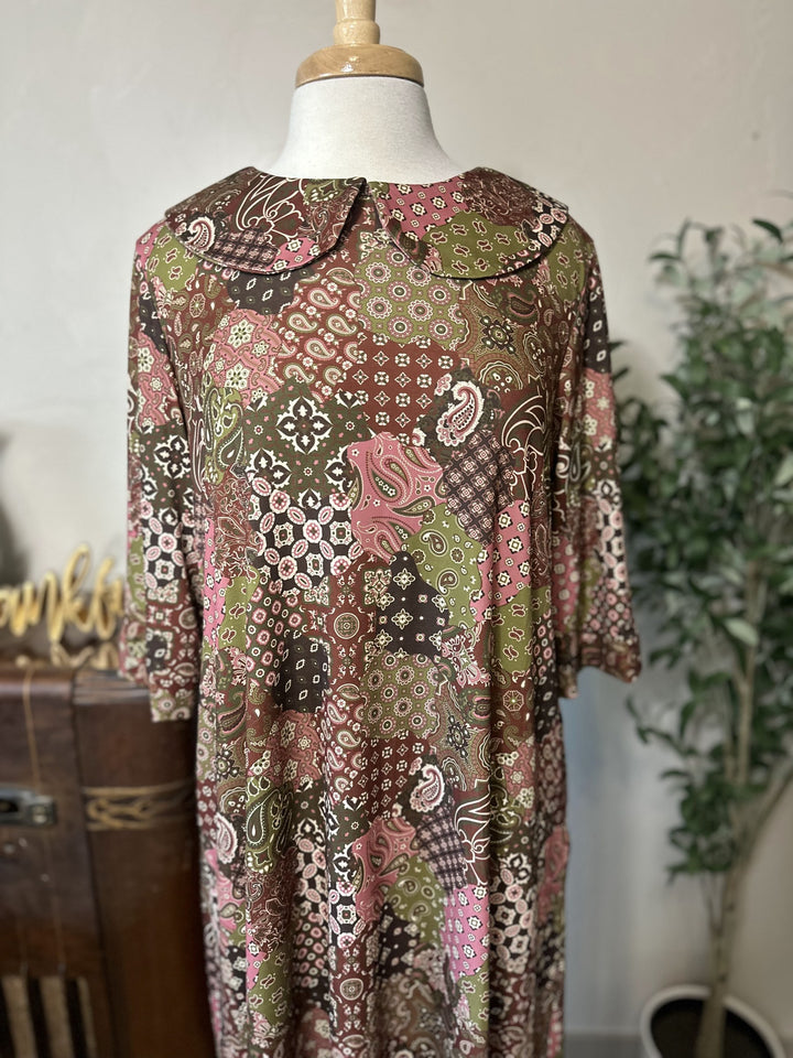 Adrianna Patchwork Dress, paisley and medallion patchwork print close-up, bodice detail
