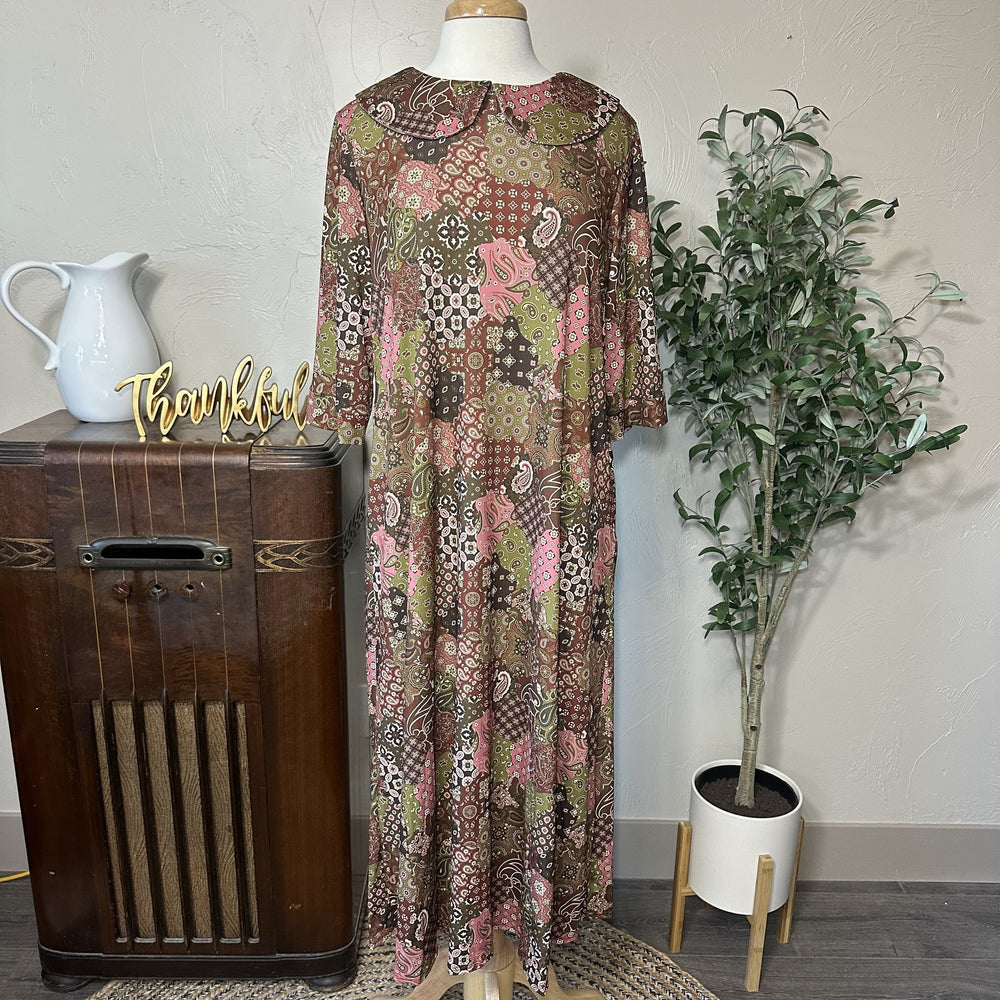 Adrianna Patchwork Dress, olive and pink patchwork print, relaxed long dress, full front view