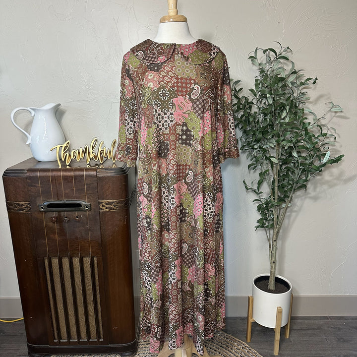 Adrianna Patchwork Dress in multicolor paisley patchwork, free-flowing skirt, front view