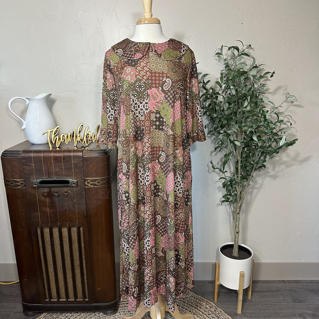 Adrianna Patchwork Dress, 3/4 sleeves and Peter Pan collar, modest dress, angled front view