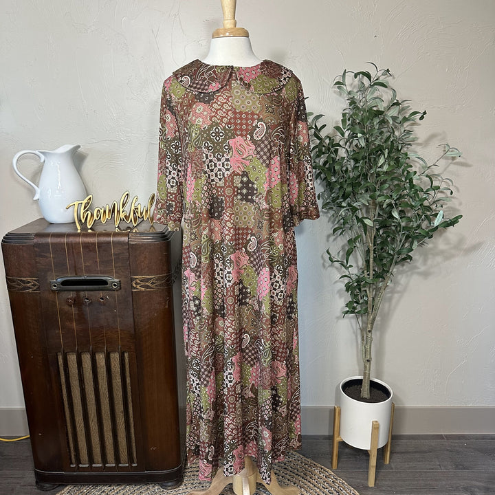 Adrianna Patchwork Dress, 3/4 sleeves and Peter Pan collar, modest dress, angled front view