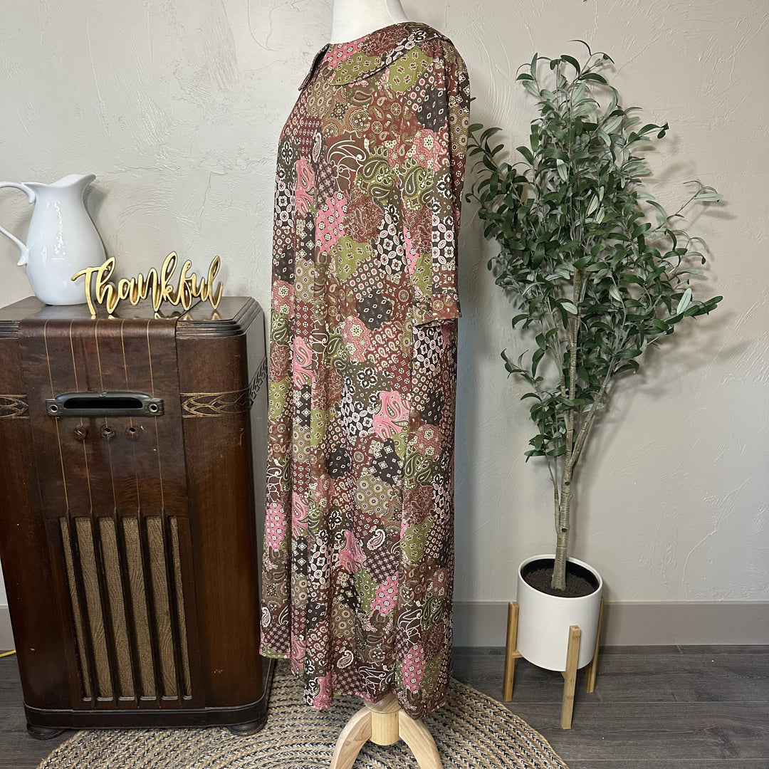 Adrianna Patchwork Dress, long free-flowing modest dress, side profile view