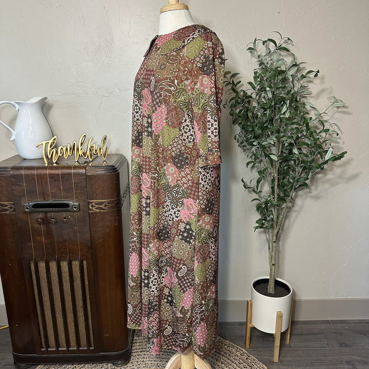 Adrianna Patchwork Dress with Peter Pan collar and 3/4 sleeves, three-quarter side view