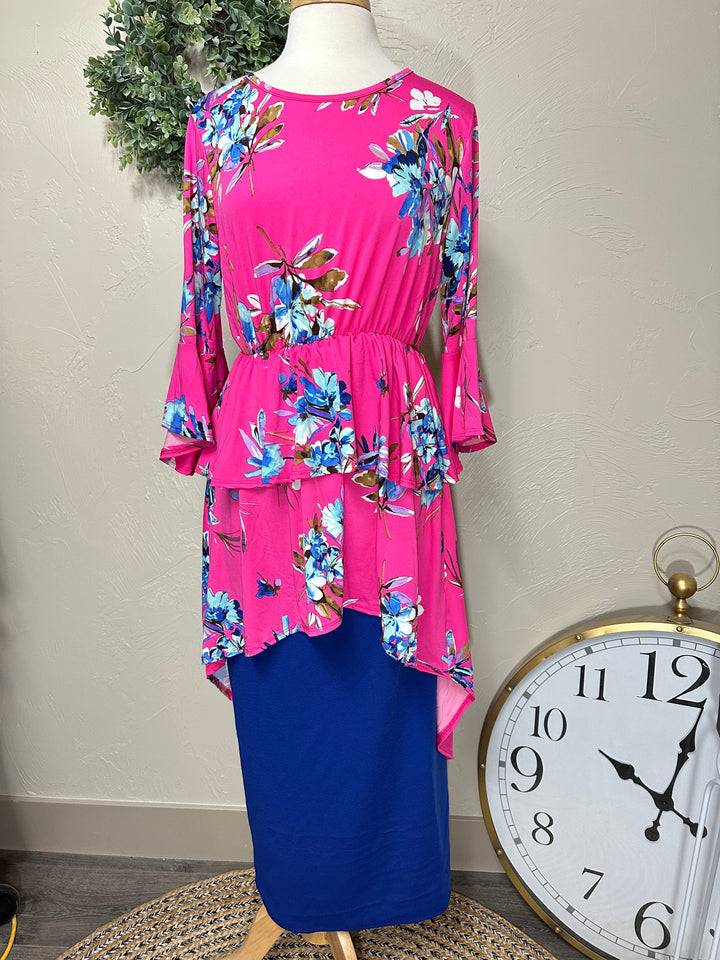 Long Liverpool Skirt in Royal Blue styled with a pink floral tunic top on a dress form