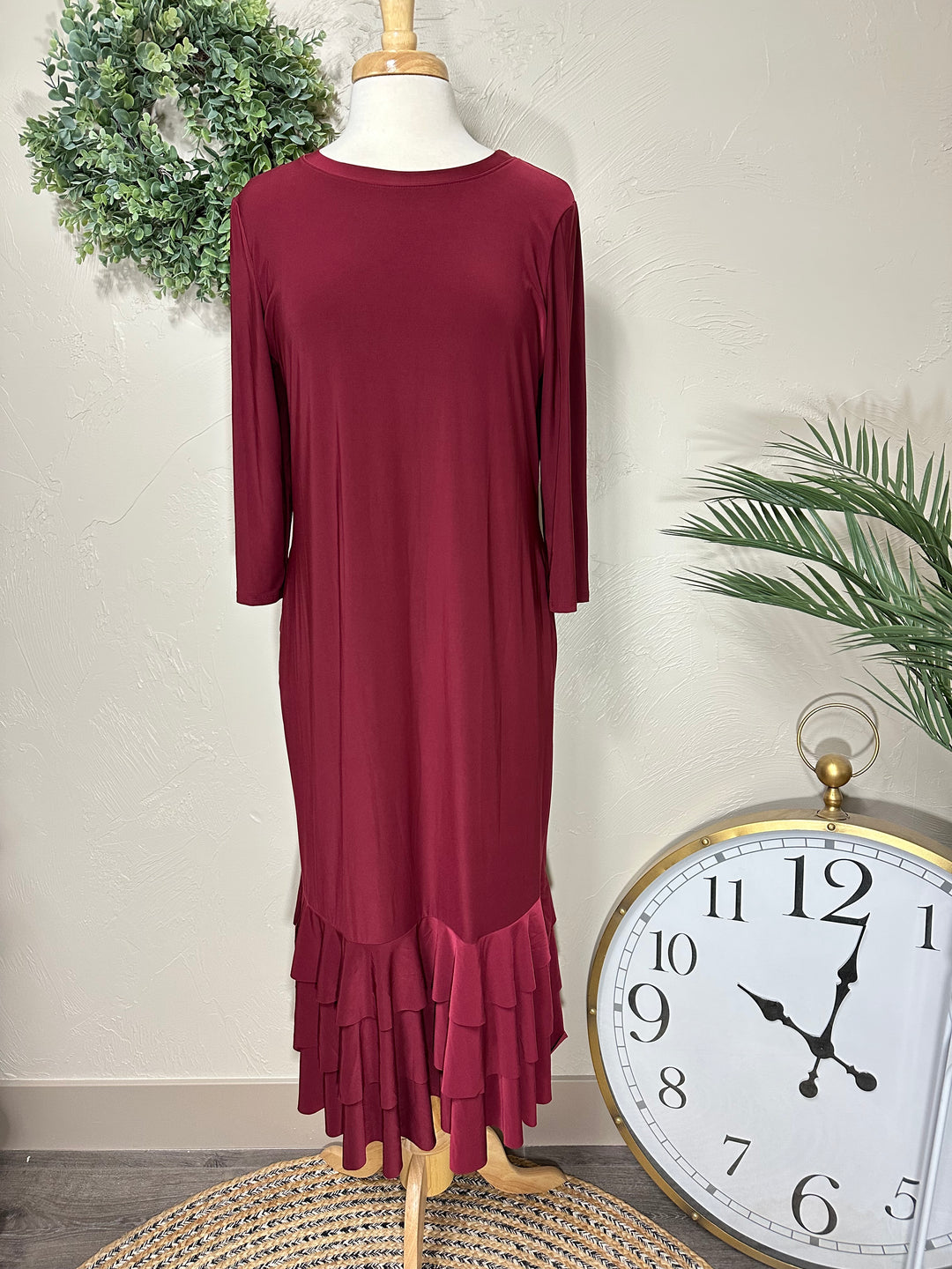 Liza Lou's Burgundy Long Layering Dress with Bottom Ruffles 2x Liza Lou's Burgundy Long Layering Dress with Bottom Ruffles 2x