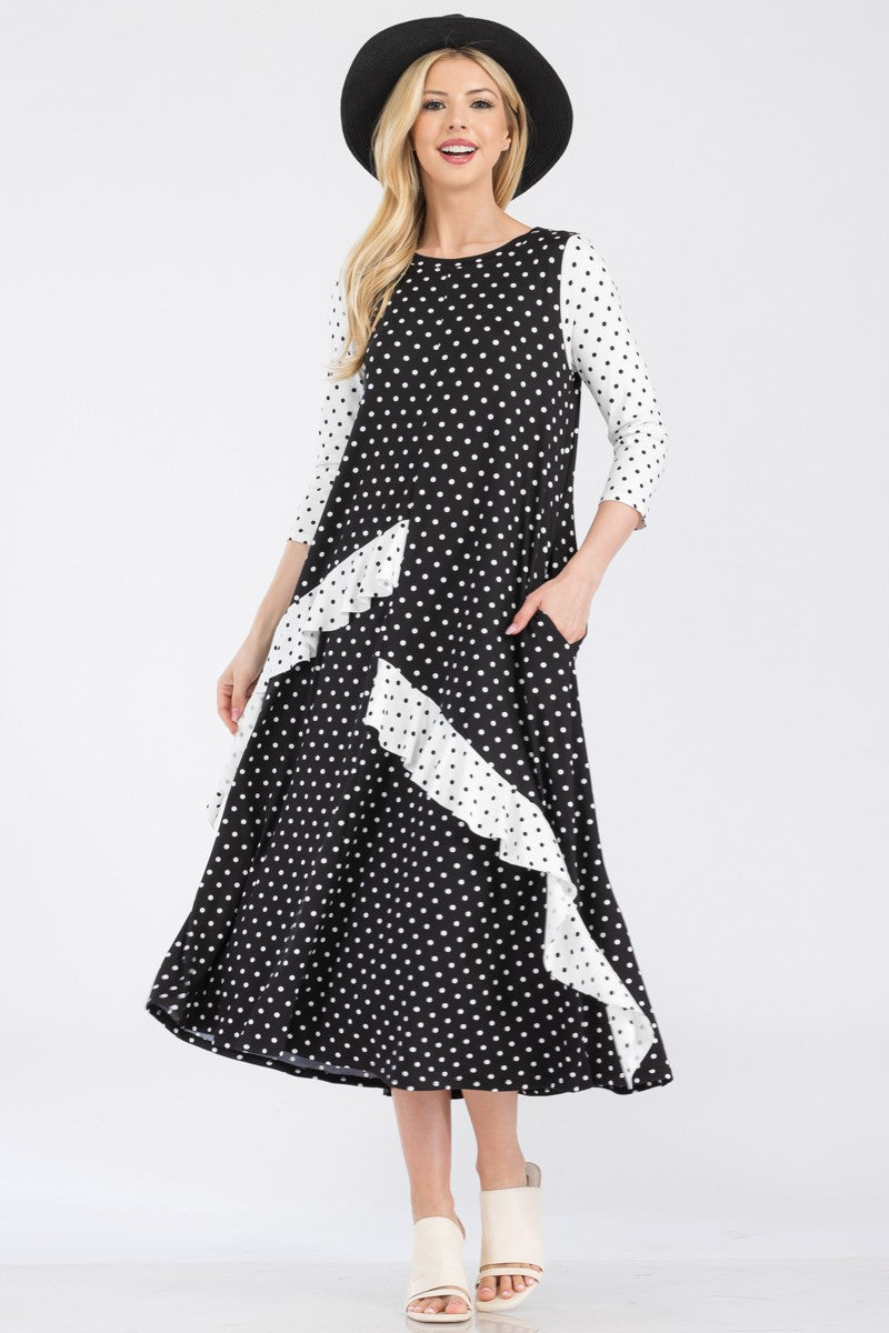 Celeste Polka Dot Black Modest Dress with Ruffle