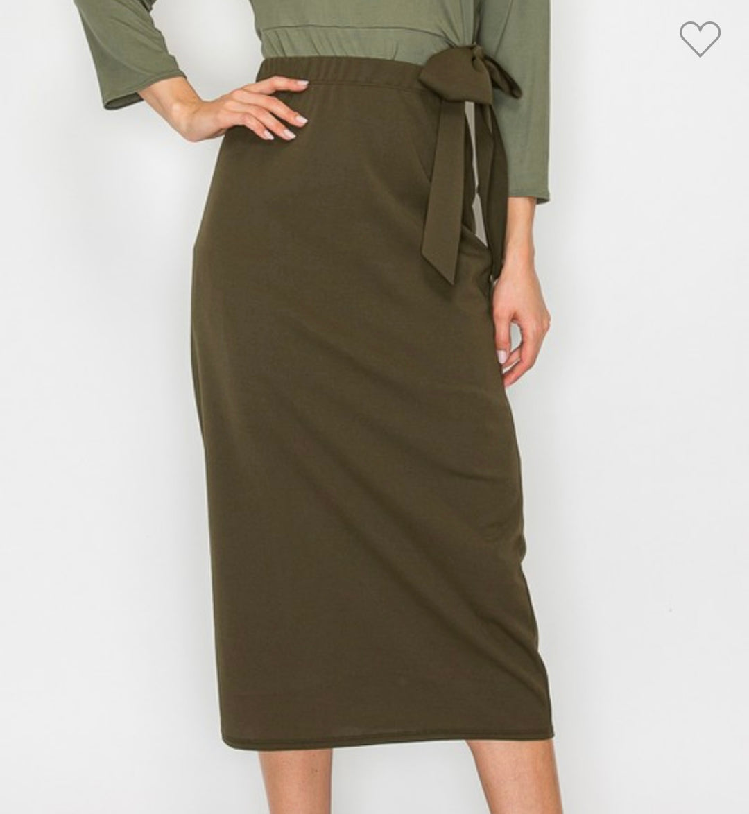 Liza Lou's Juliette Midi Skirt With Elastic Waist Mustard, Black, Olive, Burgundy, Tan