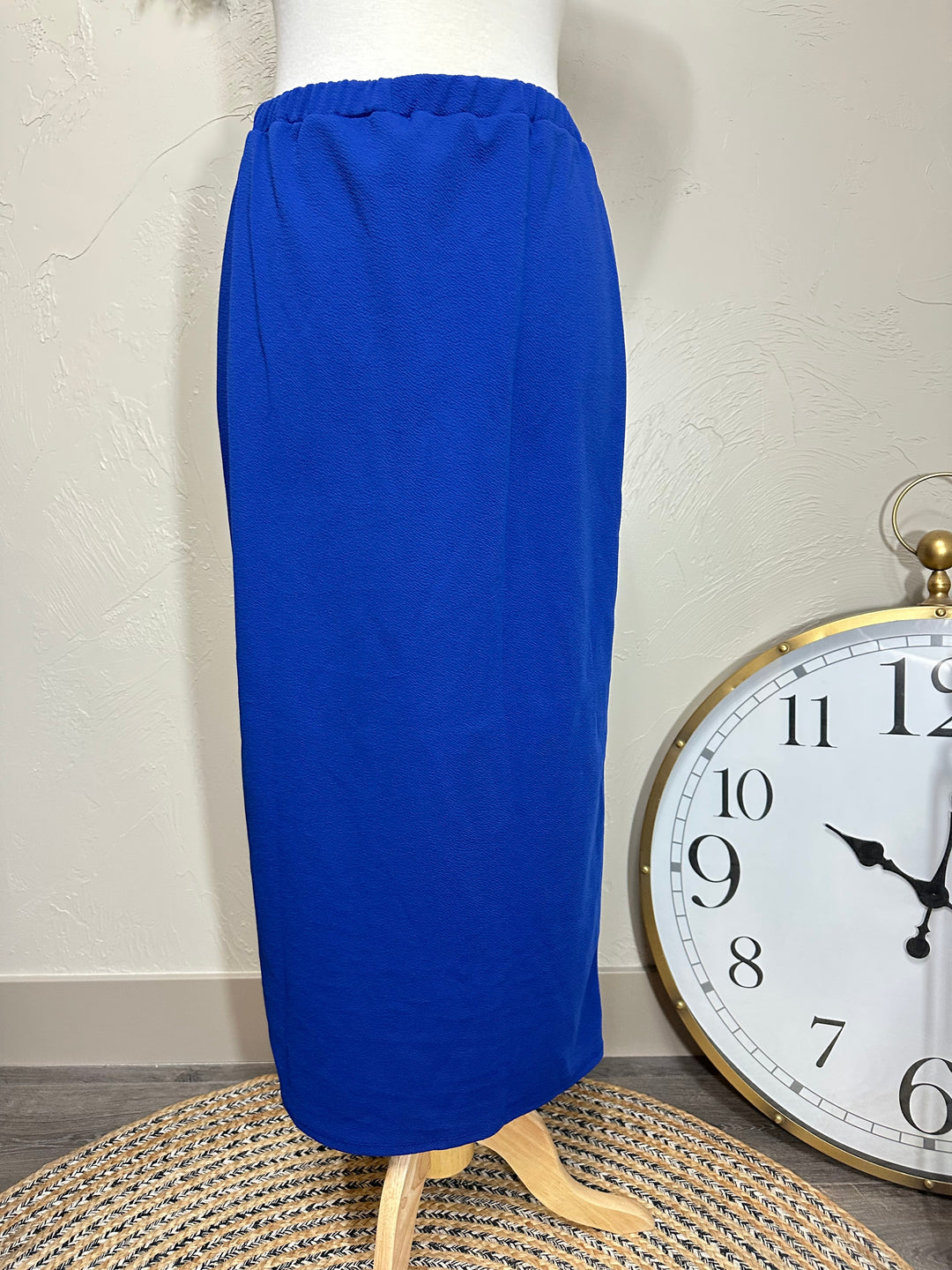 Long Liverpool Skirt in Royal Blue on a dress form, front view