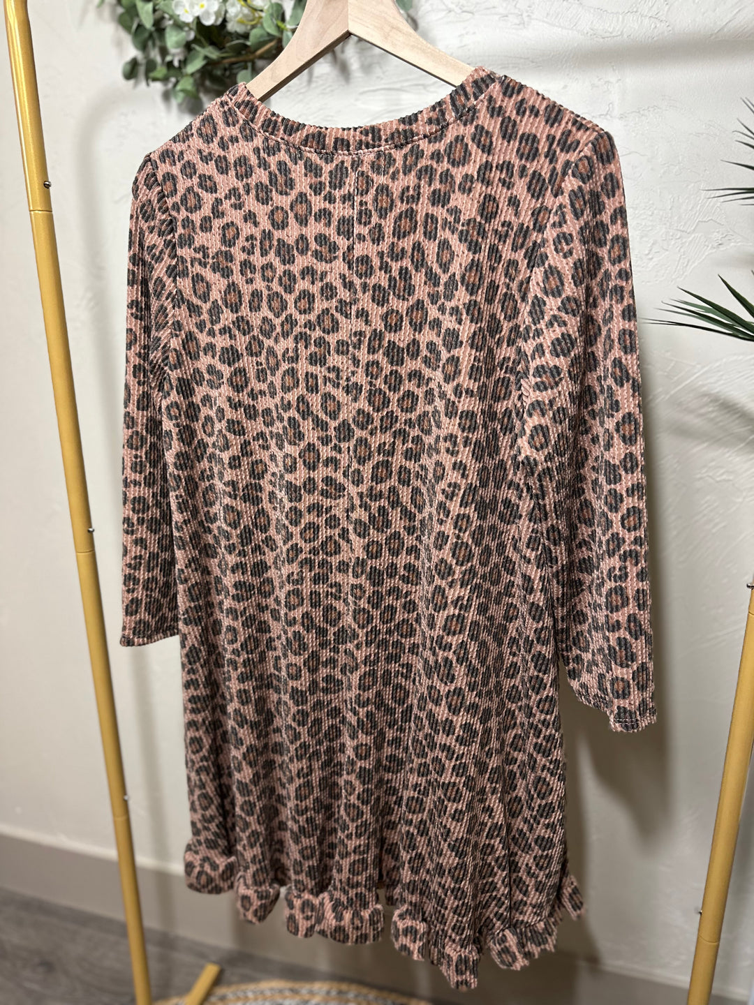 Liza Lou’s Ribbed Texture Animal Print Modest Tunic Top with Ruffle