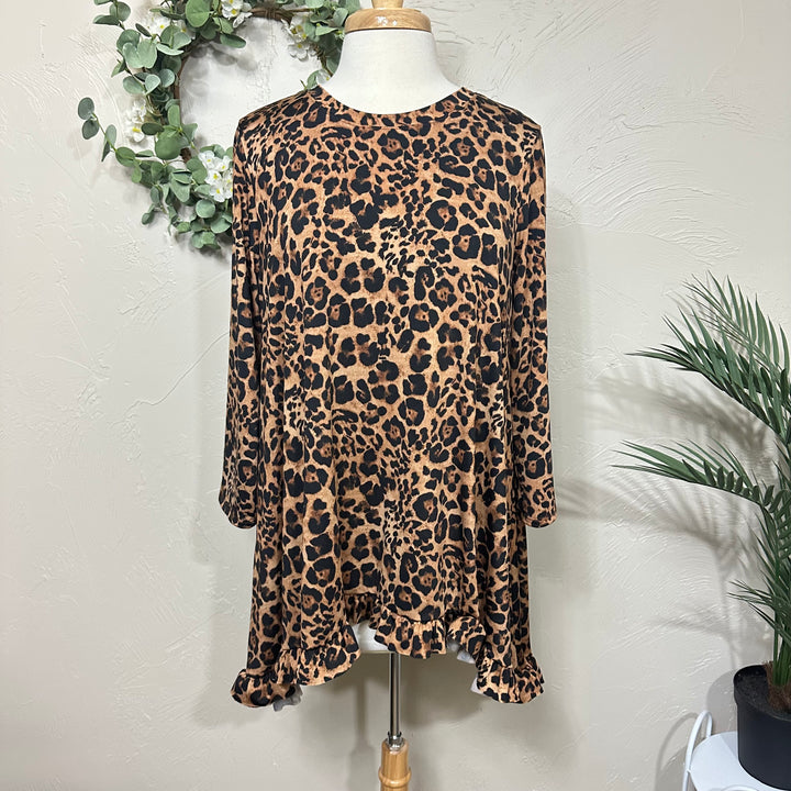 Liza Lou’s Animal Print Modest Tunic Top with Ruffle