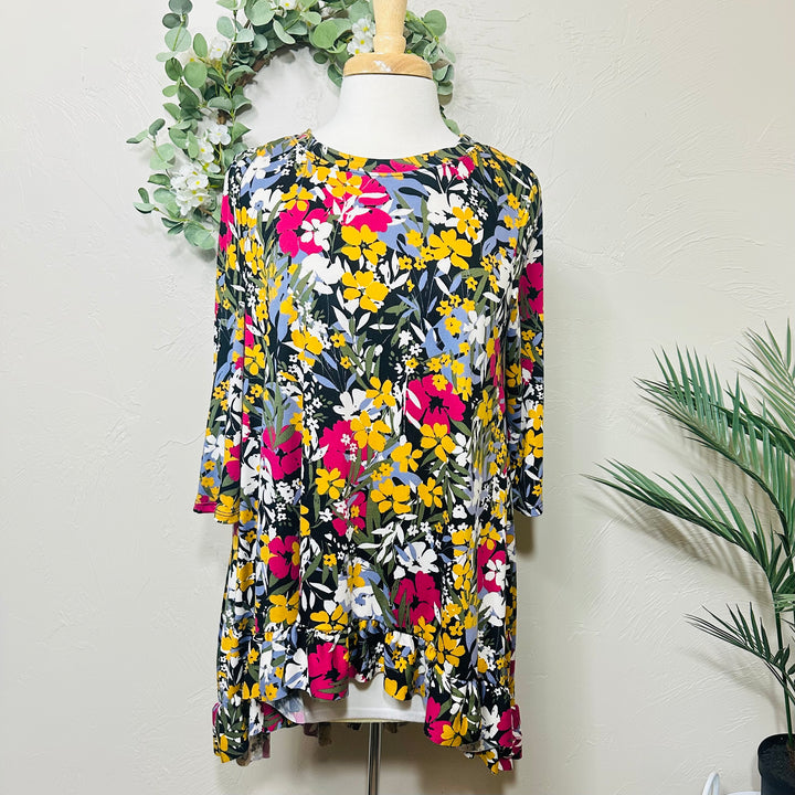 Liza Lou’s Black Background with Floral Hi Low Tunic Top with Ruffle