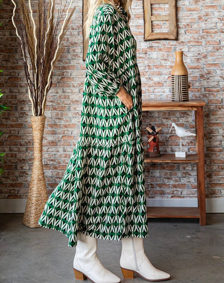 Liza Lou's Geometric Green Long Tiered Modest Dress