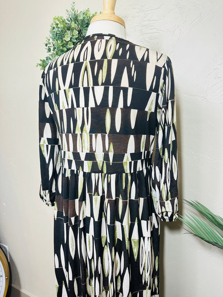 Liza Lou’s Polly Black with Green Geometric Long Modest Dress