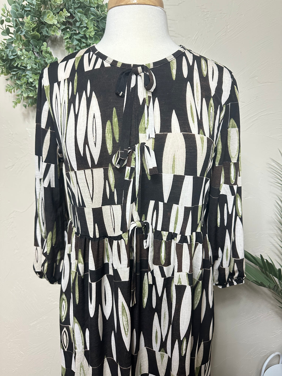 Liza Lou’s Polly Black with Green Geometric Long Modest Dress