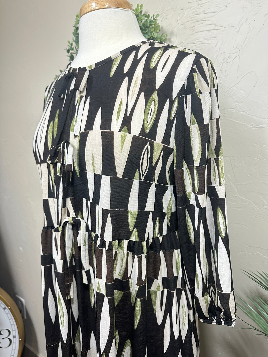 Liza Lou’s Polly Black with Green Geometric Long Modest Dress