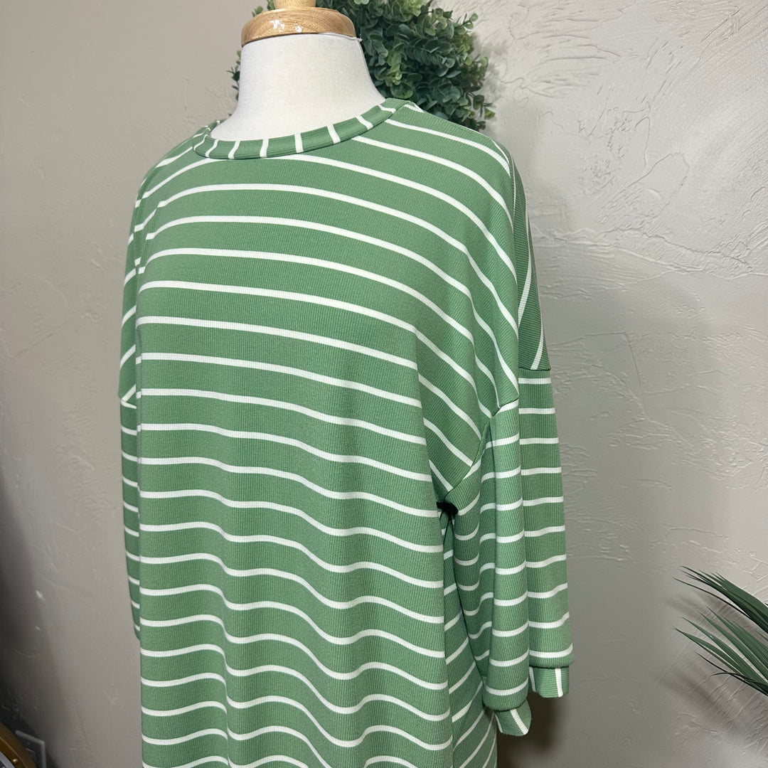 Liza Lou’s Ellie  Sage Green Striped Loose Fit Day Dress