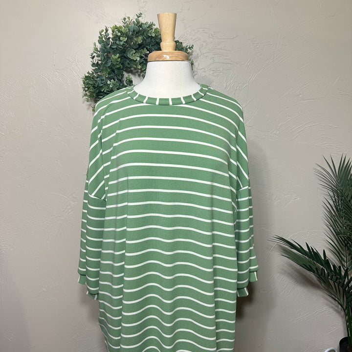 Liza Lou’s Ellie  Sage Green Striped Loose Fit Day Dress