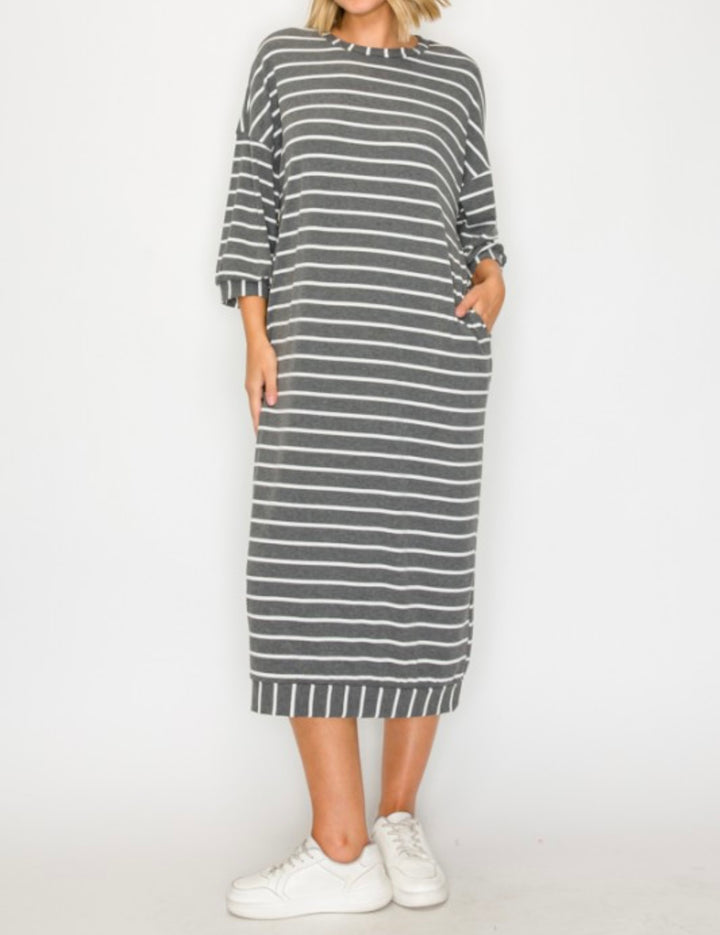 Liza Lou’s Ellie Charcoal Gray Striped Loose Fit Day Dress