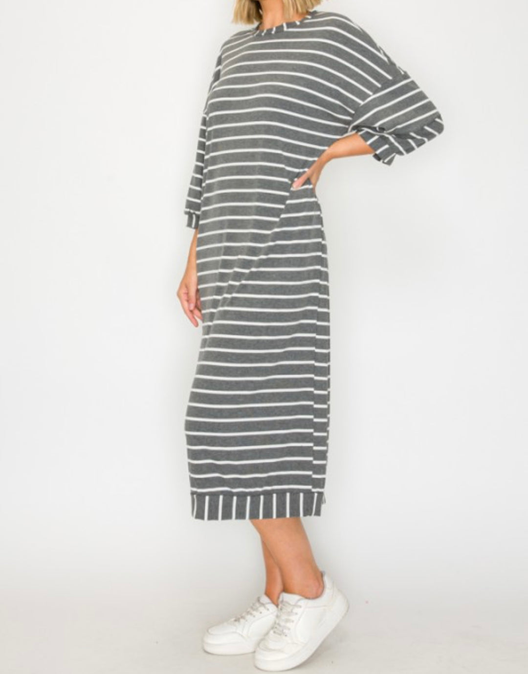 Liza Lou’s Ellie Charcoal Gray Striped Loose Fit Day Dress