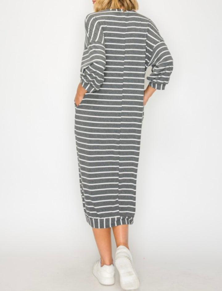 Liza Lou’s Ellie Charcoal Gray Striped Loose Fit Day Dress
