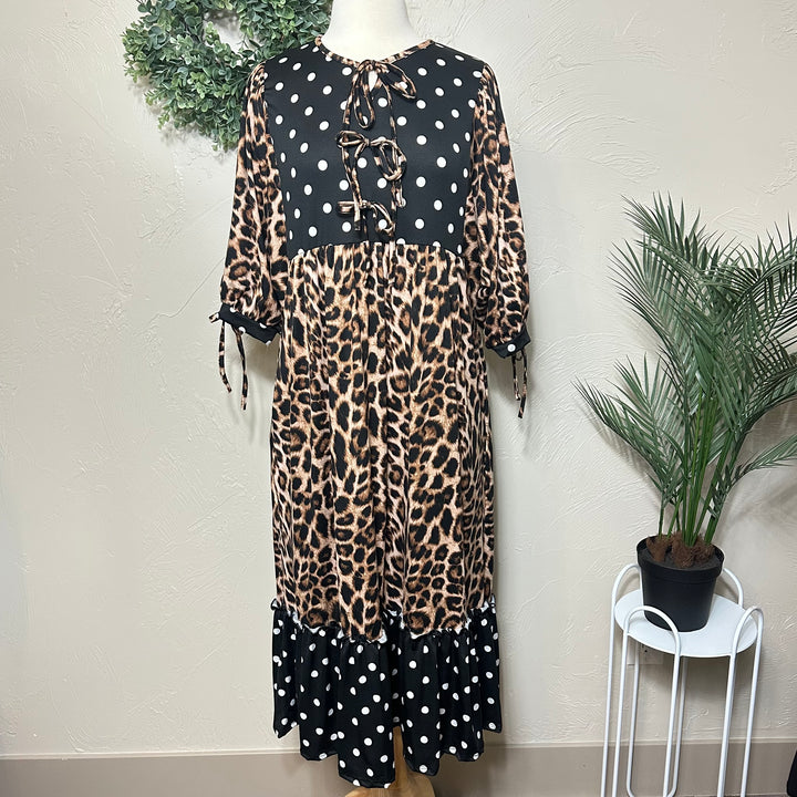 Liza Lou's Georgia Animal Print Leopard & Polka Dot Modest Midi Dress