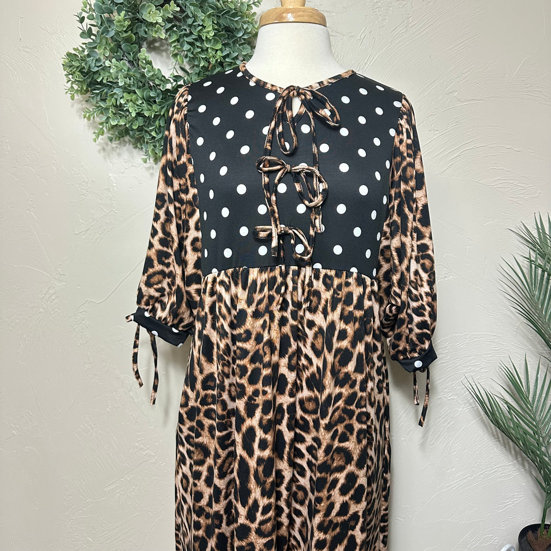 Liza Lou's Georgia Animal Print Leopard & Polka Dot Modest Midi Dress