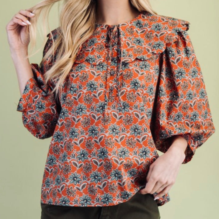 Liza Lou’s Rust Terracotta Paisley Blouse with Peter Pan Collar