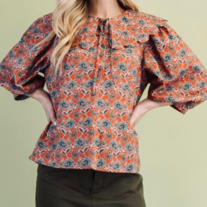 Liza Lou’s Rust Terracotta Paisley Blouse with Peter Pan Collar