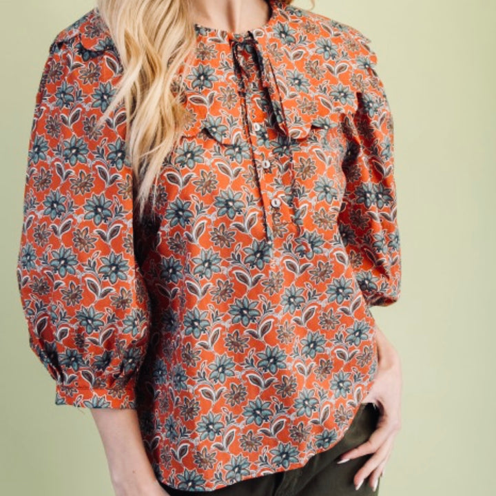 Liza Lou’s Rust Terracotta Paisley Blouse with Peter Pan Collar