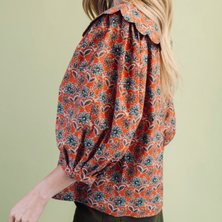 Liza Lou’s Rust Terracotta Paisley Blouse with Peter Pan Collar