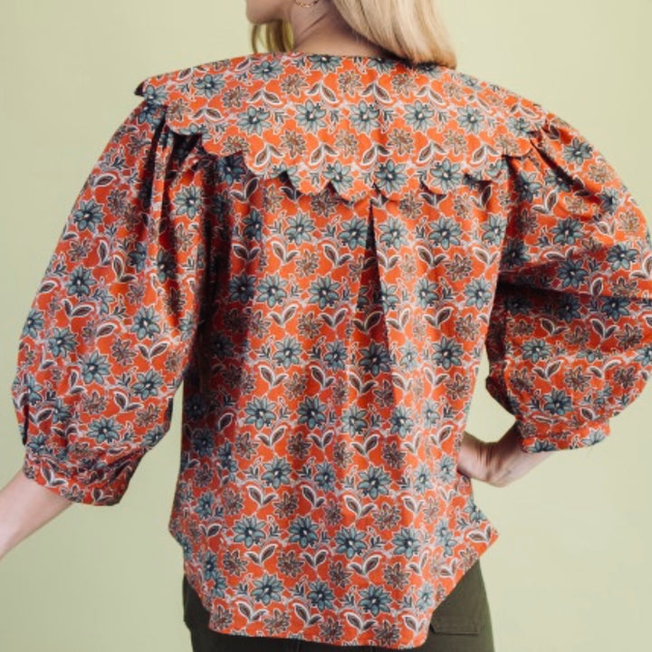 Liza Lou’s Rust Terracotta Paisley Blouse with Peter Pan Collar