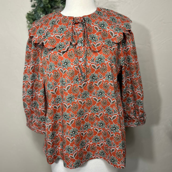 Liza Lou’s Rust Terracotta Paisley Blouse with Peter Pan Collar