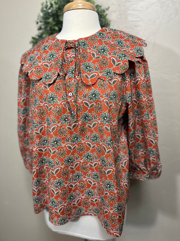Liza Lou’s Rust Terracotta Paisley Blouse with Peter Pan Collar